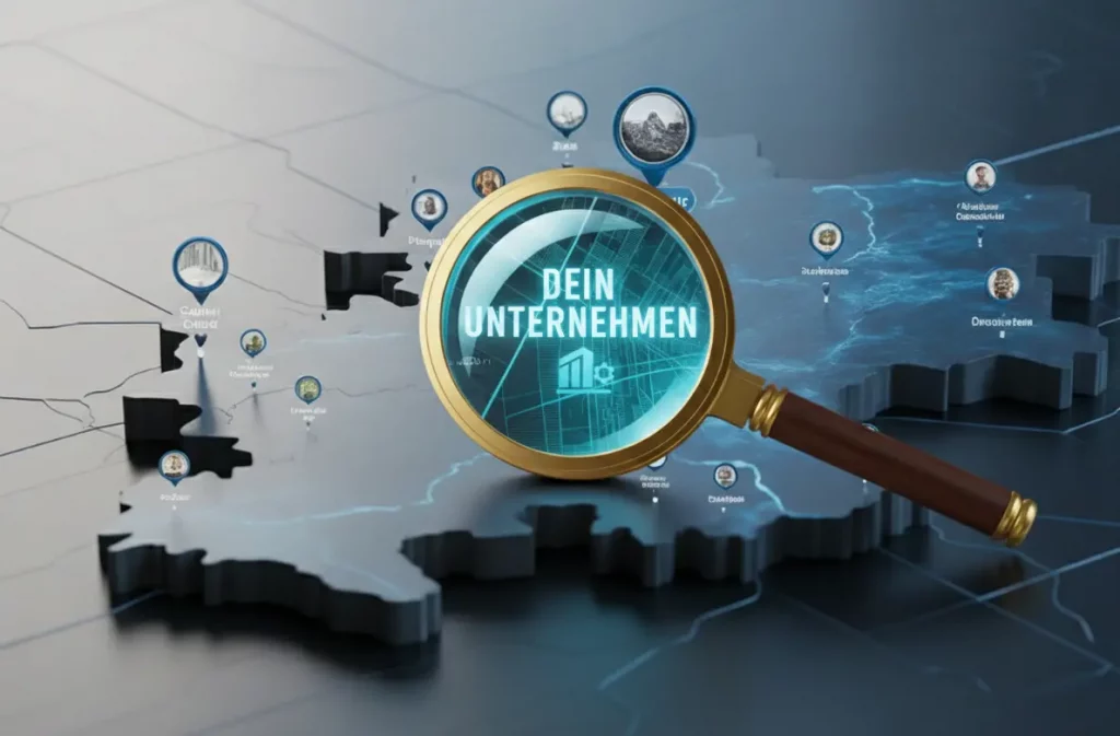 Lupe mit „Dein Unternehmen“ über Deutschlandkarte als Symbol für lokale Suchmaschinenoptimierung in kleinen Städten